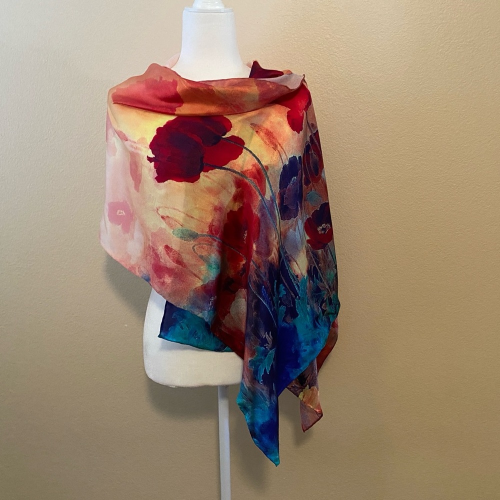 New Handmade 100% Silk Vibrant Floral Scarf Wrap - Picture 1 of 10